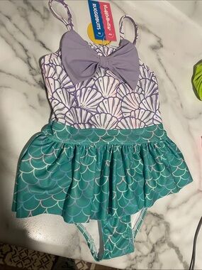 Ruffle Butts Lavender & Teal Mermaid Scale One-Piece Swimsuit with Bow size 6